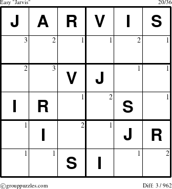 The grouppuzzles.com Easy Jarvis puzzle for  with the first 3 steps marked
