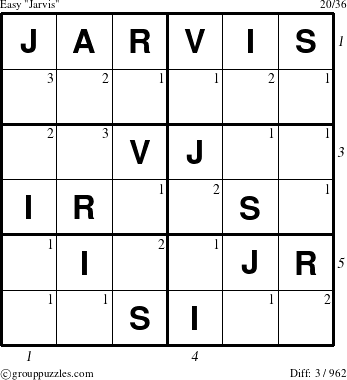 The grouppuzzles.com Easy Jarvis puzzle for  with all 3 steps marked