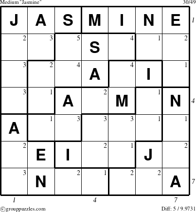 The grouppuzzles.com Medium Jasmine puzzle for  with all 5 steps marked