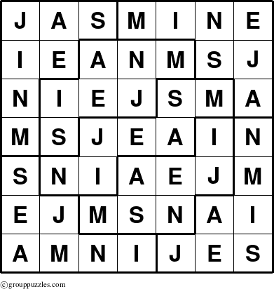 The grouppuzzles.com Answer grid for the Jasmine puzzle for 
