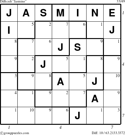 The grouppuzzles.com Difficult Jasmine puzzle for  with all 10 steps marked