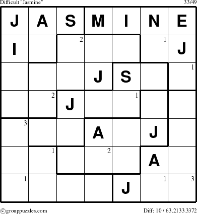 The grouppuzzles.com Difficult Jasmine puzzle for  with the first 3 steps marked