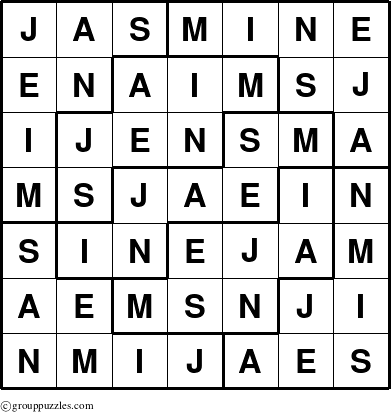 The grouppuzzles.com Answer grid for the Jasmine puzzle for 