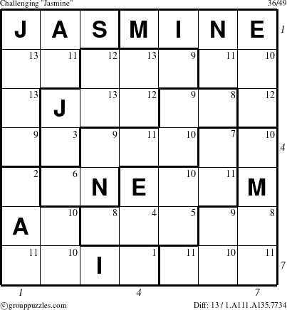 The grouppuzzles.com Challenging Jasmine puzzle for  with all 13 steps marked