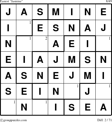 The grouppuzzles.com Easiest Jasmine puzzle for  with the first 2 steps marked