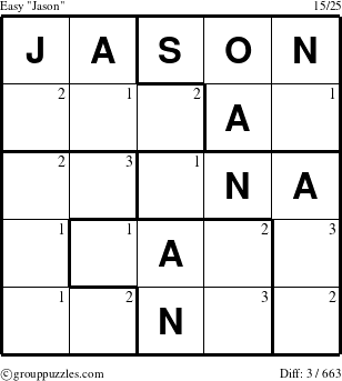 The grouppuzzles.com Easy Jason puzzle for  with the first 3 steps marked