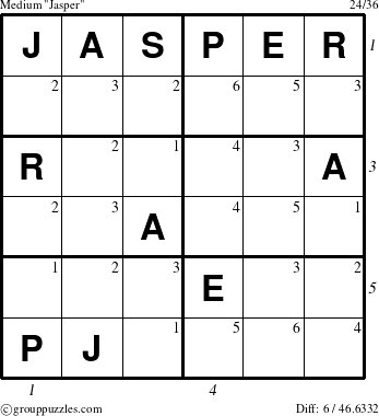 The grouppuzzles.com Medium Jasper puzzle for  with all 6 steps marked
