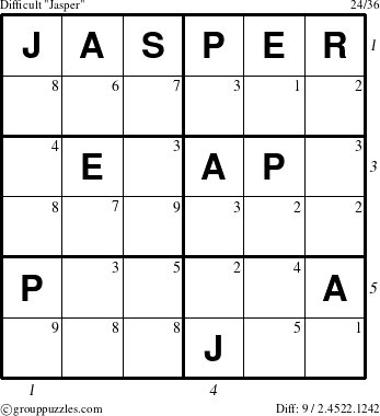 The grouppuzzles.com Difficult Jasper puzzle for  with all 9 steps marked