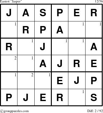 The grouppuzzles.com Easiest Jasper puzzle for  with the first 2 steps marked