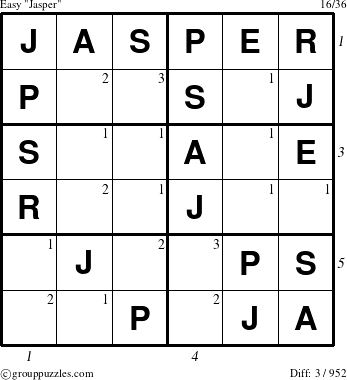 The grouppuzzles.com Easy Jasper puzzle for  with all 3 steps marked