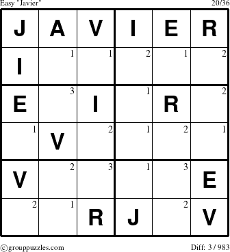 The grouppuzzles.com Easy Javier puzzle for  with the first 3 steps marked