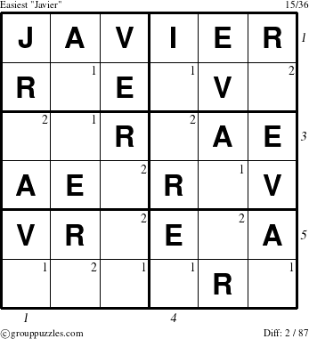 The grouppuzzles.com Easiest Javier puzzle for  with all 2 steps marked