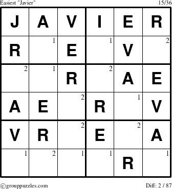 The grouppuzzles.com Easiest Javier puzzle for  with the first 2 steps marked