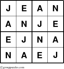 The grouppuzzles.com Answer grid for the Jean puzzle for 