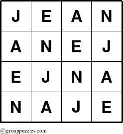 The grouppuzzles.com Answer grid for the Jean puzzle for 