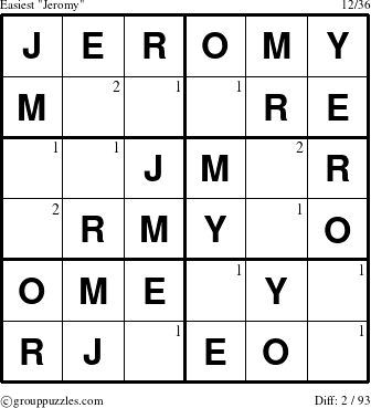 The grouppuzzles.com Easiest Jeromy puzzle for  with the first 2 steps marked