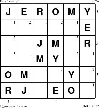 The grouppuzzles.com Easy Jeromy puzzle for , suitable for printing, with all 3 steps marked