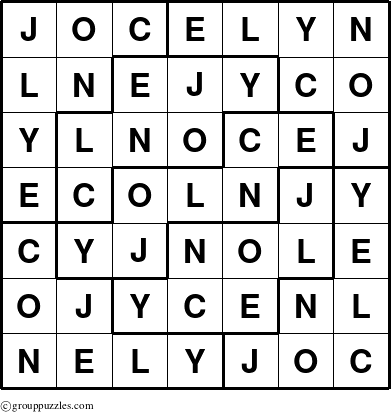 The grouppuzzles.com Answer grid for the Jocelyn puzzle for 