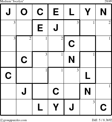 The grouppuzzles.com Medium Jocelyn puzzle for  with the first 3 steps marked