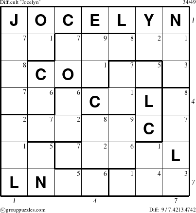 The grouppuzzles.com Difficult Jocelyn puzzle for  with all 9 steps marked