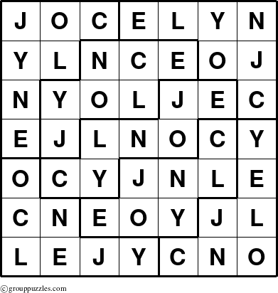 The grouppuzzles.com Answer grid for the Jocelyn puzzle for 
