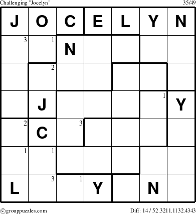 The grouppuzzles.com Challenging Jocelyn puzzle for  with the first 3 steps marked
