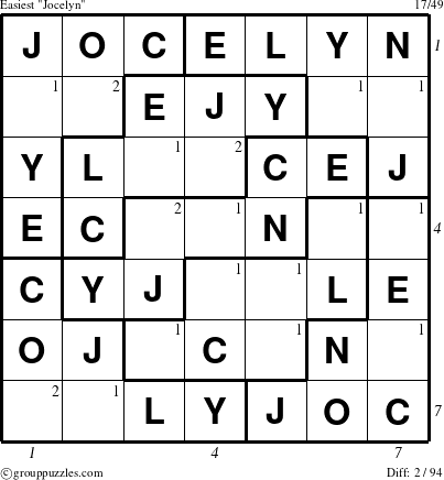 The grouppuzzles.com Easiest Jocelyn puzzle for , suitable for printing, with all 2 steps marked