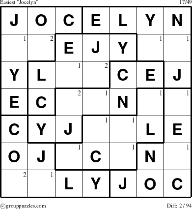 The grouppuzzles.com Easiest Jocelyn puzzle for  with the first 2 steps marked