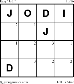 The grouppuzzles.com Easy Jodi puzzle for  with the first 3 steps marked