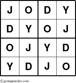 The grouppuzzles.com Answer grid for the Jody puzzle for 