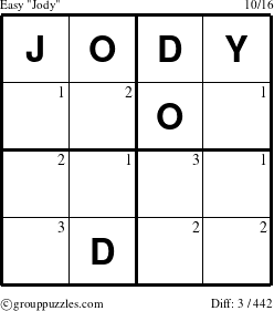 The grouppuzzles.com Easy Jody puzzle for  with the first 3 steps marked