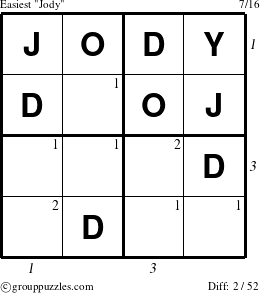 The grouppuzzles.com Easiest Jody puzzle for  with all 2 steps marked