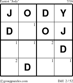 The grouppuzzles.com Easiest Jody puzzle for  with the first 2 steps marked