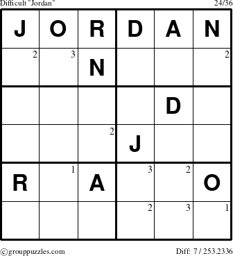 The grouppuzzles.com Difficult Jordan puzzle for  with the first 3 steps marked