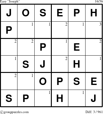 The grouppuzzles.com Easy Joseph puzzle for  with the first 3 steps marked