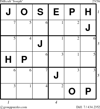 The grouppuzzles.com Difficult Joseph puzzle for , suitable for printing, with all 7 steps marked