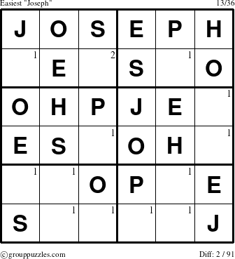 The grouppuzzles.com Easiest Joseph puzzle for  with the first 2 steps marked