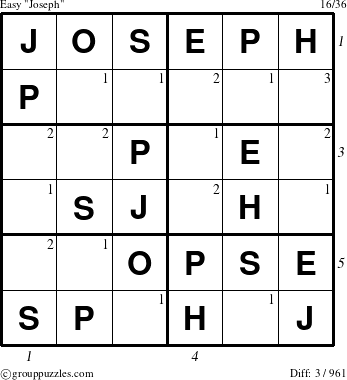 The grouppuzzles.com Easy Joseph puzzle for  with all 3 steps marked
