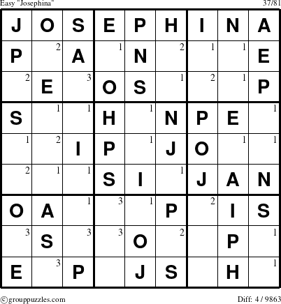 The grouppuzzles.com Easy Josephina puzzle for  with the first 3 steps marked