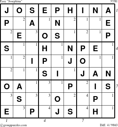 The grouppuzzles.com Easy Josephina puzzle for  with all 4 steps marked