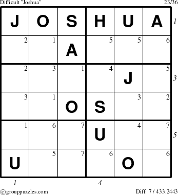 The grouppuzzles.com Difficult Joshua puzzle for , suitable for printing, with all 7 steps marked