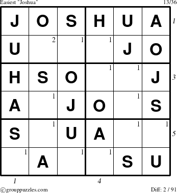 The grouppuzzles.com Easiest Joshua puzzle for , suitable for printing, with all 2 steps marked