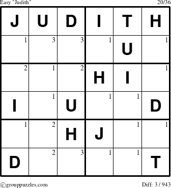 The grouppuzzles.com Easy Judith puzzle for  with the first 3 steps marked