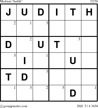 The grouppuzzles.com Medium Judith puzzle for  with the first 3 steps marked