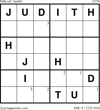 The grouppuzzles.com Difficult Judith puzzle for  with the first 3 steps marked