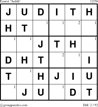 The grouppuzzles.com Easiest Judith puzzle for  with the first 2 steps marked