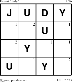 The grouppuzzles.com Easiest Judy puzzle for  with the first 2 steps marked