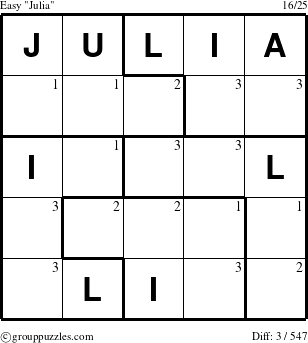 The grouppuzzles.com Easy Julia puzzle for  with the first 3 steps marked