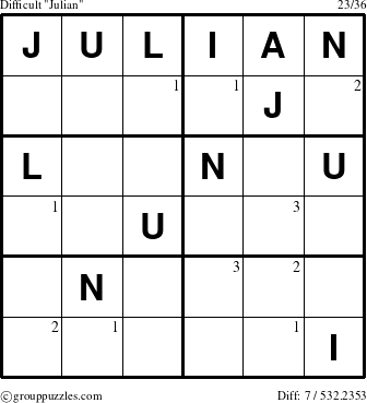 The grouppuzzles.com Difficult Julian puzzle for  with the first 3 steps marked