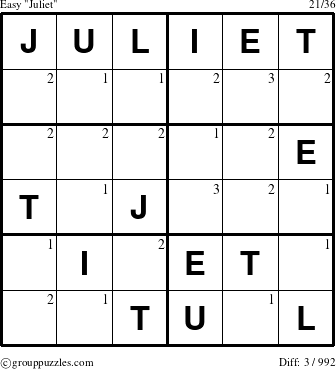 The grouppuzzles.com Easy Juliet puzzle for  with the first 3 steps marked